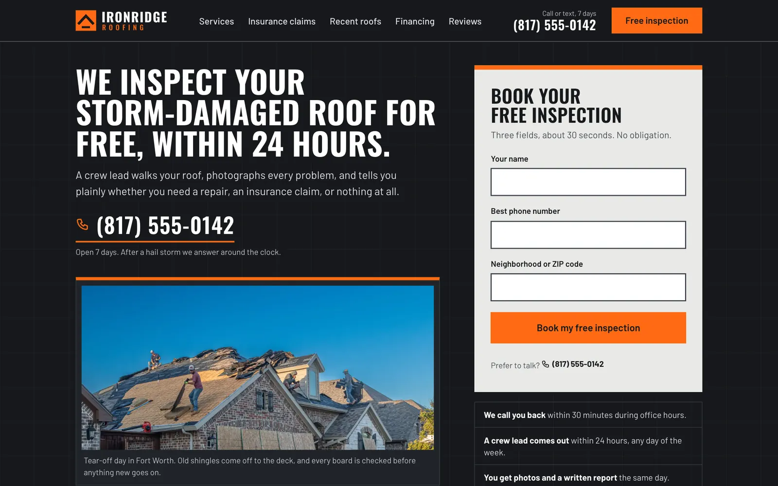 Ironridge Roofing website homepage