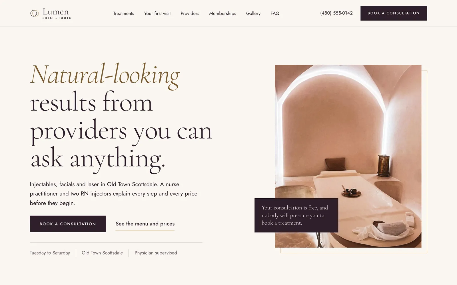 Lumen Skin Studio website homepage