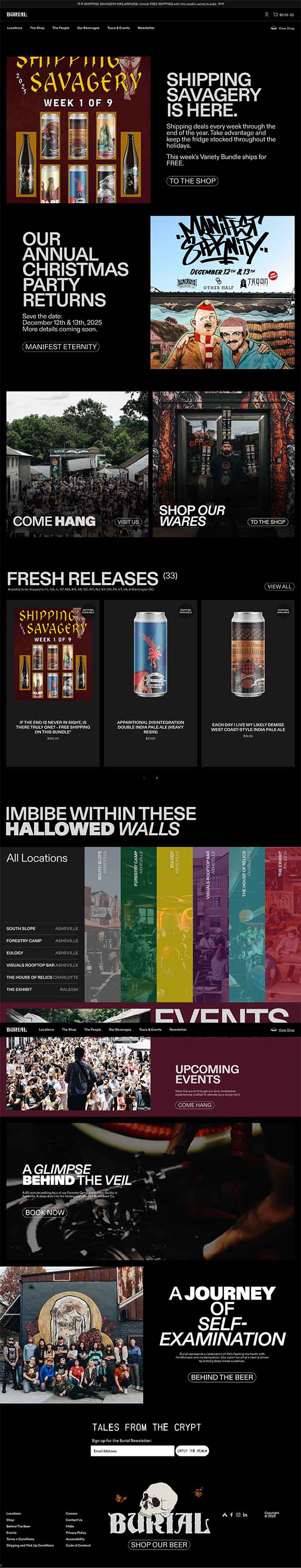 Burial Beer Co craft brewery website with location finder and events